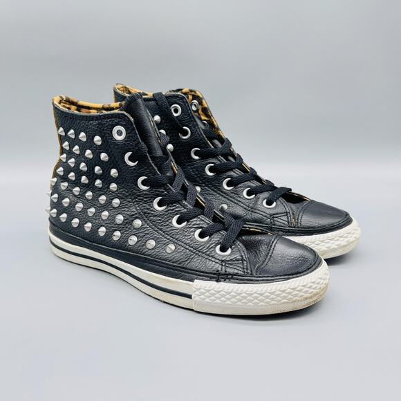 Converse Shoes Womens 6.5 Black Leather All Star Studded High Top Leopard Punk - Picture 2 of 12